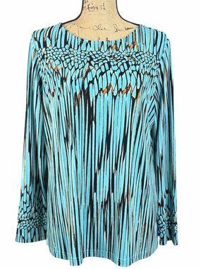 Bob Mackie Turquoise and Black Patterned Long-Sleeve Top. EC. Size medium